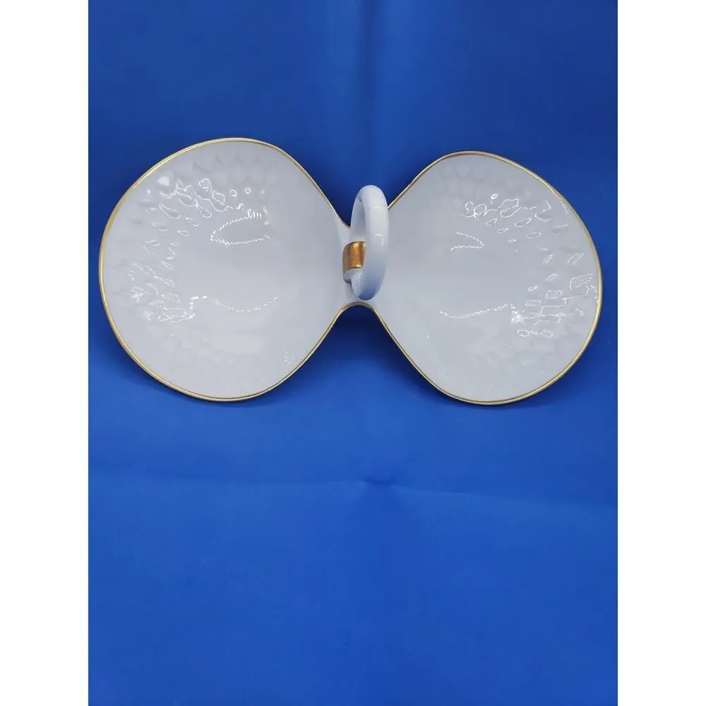 Vintage Limoges France Double Clam Shell Dish Trinket White Porcelain Gold Trim
